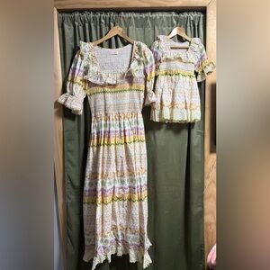 Ivy City Co Pastel Yellow & Lavender Smocked Midi Dress with Ruffle Square Neck